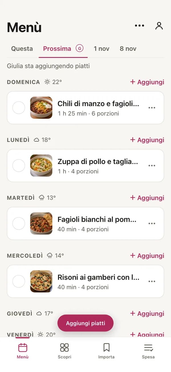 Il menù della prossima settimana in Good Fork: «Giulia sta aggiungendo piatti», con un piatto ogni giorno da domenica a mercoledì.