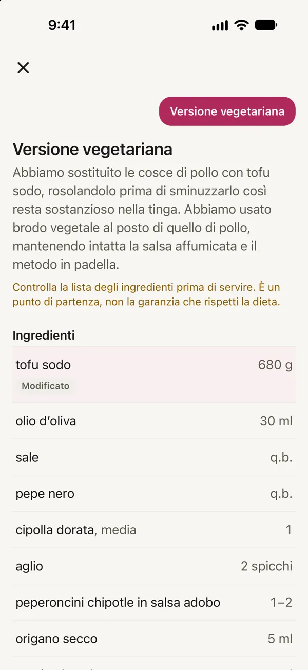 Un Remix vegetariano di Tacos di pollo tinga in padella: tofu sodo al posto delle cosce di pollo, segnato come Modificato.