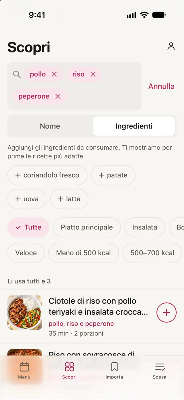 Una ricerca per ingredienti in Good Fork: pollo, riso e peperone, con al primo posto le Ciotole di riso con pollo teriyaki e insalata croccante di peperoni e cetriolo, che li usano tutti e tre.