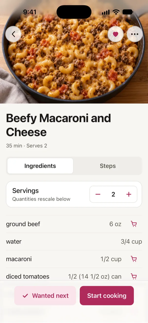 Beefy Macaroni and Cheese on a Kid’s phone in Good Fork: the heart is filled in, and Wanted next sits beside Start cooking.