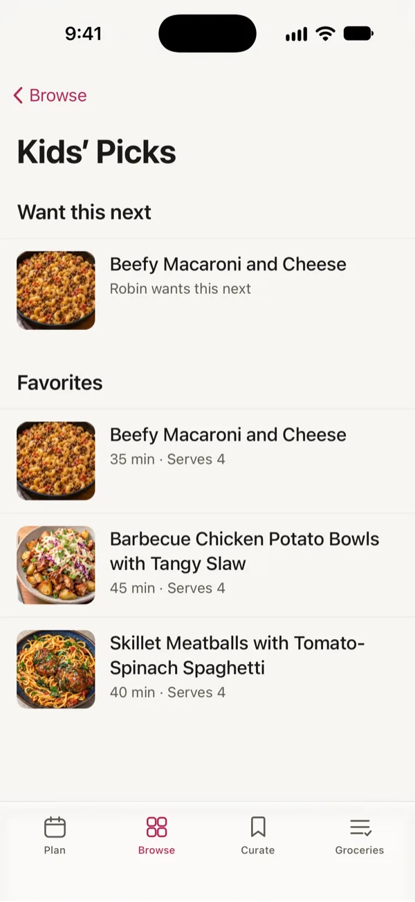 Kids’ Picks in Good Fork: Robin wants Beefy Macaroni and Cheese next, above three Favorites.