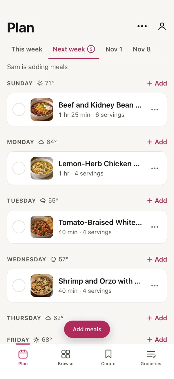 Good Fork’s Plan for next week, with Sam is adding meals at the top.