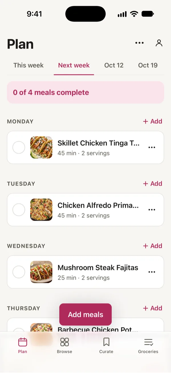 Good Fork’s Plan for next week: Skillet Chicken Tinga Tacos on Monday, Chicken Alfredo Primavera on Tuesday and Mushroom Steak Fajitas on Wednesday.