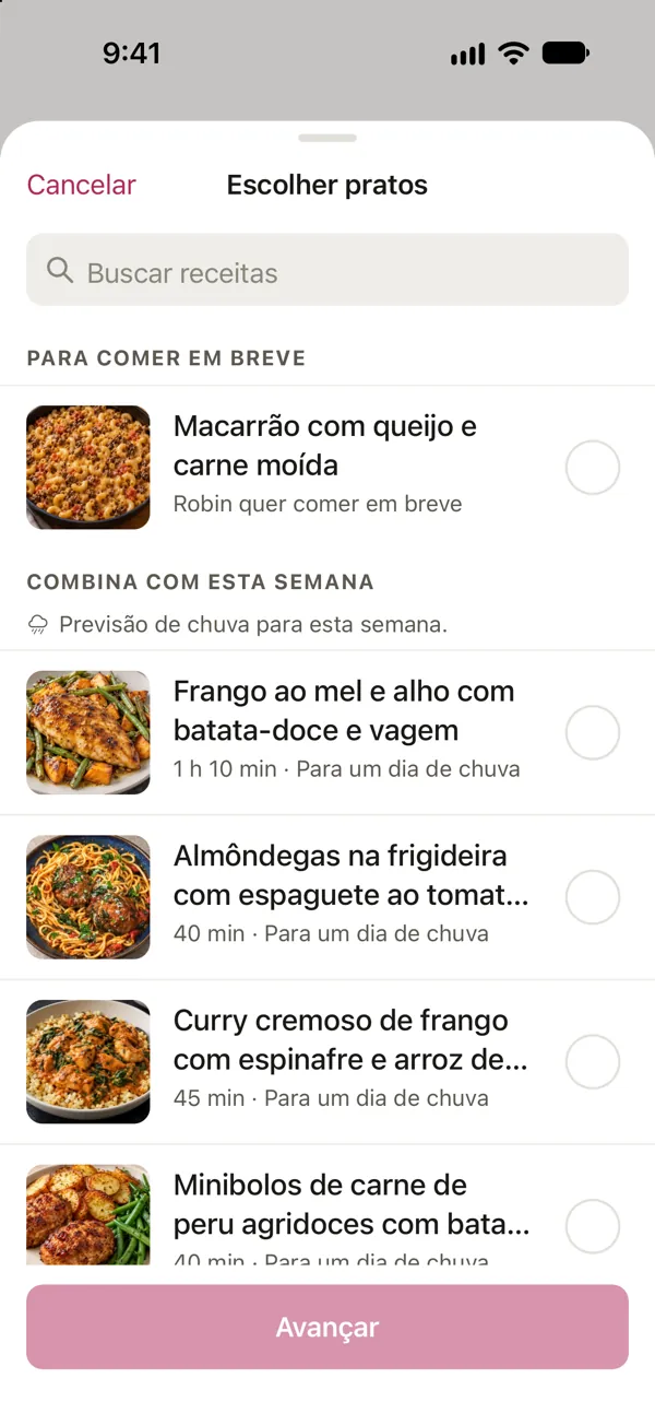 Escolhendo pratos em Good Fork: Macarrão com queijo e carne moída, que Robin quer comer em breve, aparece no topo, acima das receitas que combinam com a previsão de chuva desta semana.