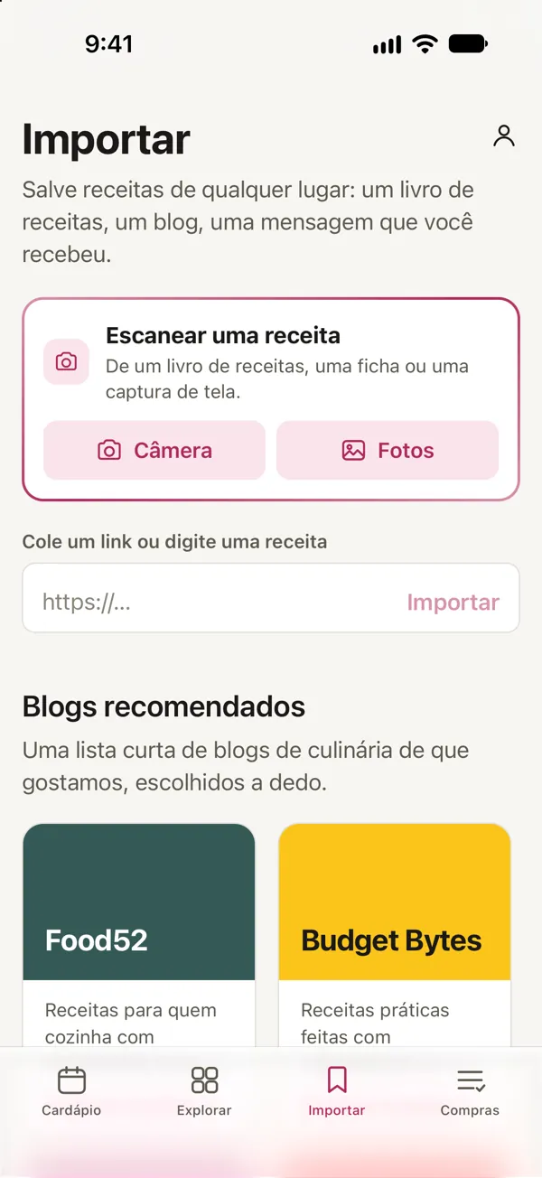 A tela Importar de Good Fork: escaneie uma receita com a câmera ou das suas fotos, ou cole um link.