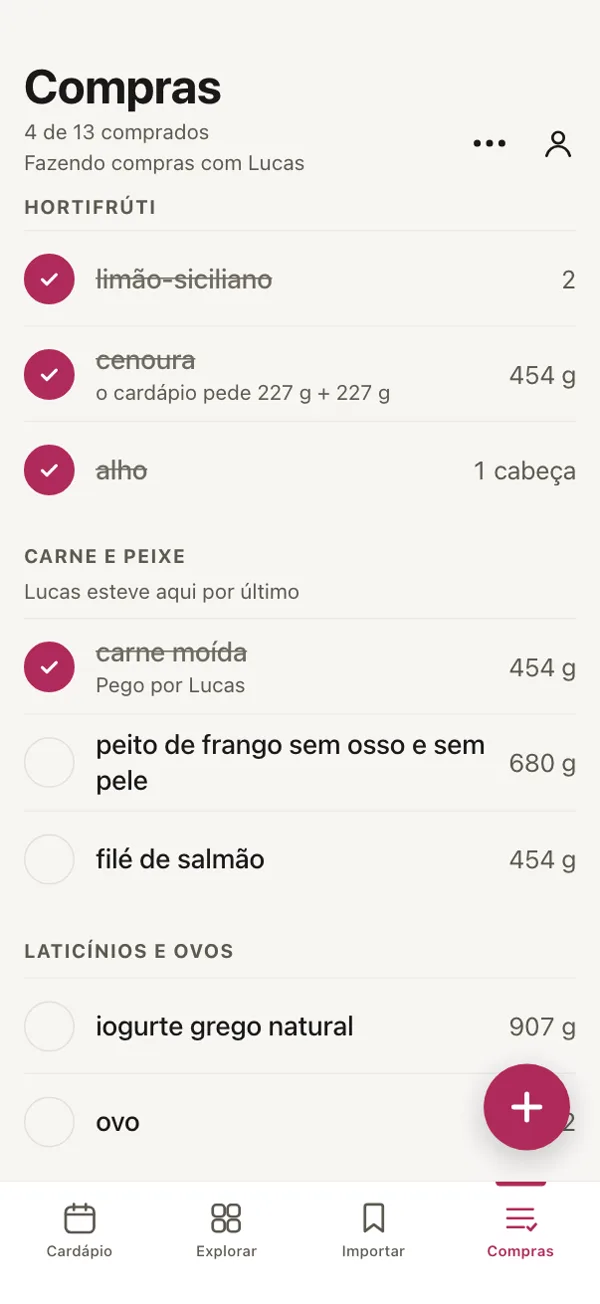 A lista de compras em Good Fork, fazendo compras com Lucas: em Carne e peixe, “Lucas esteve aqui por último”.