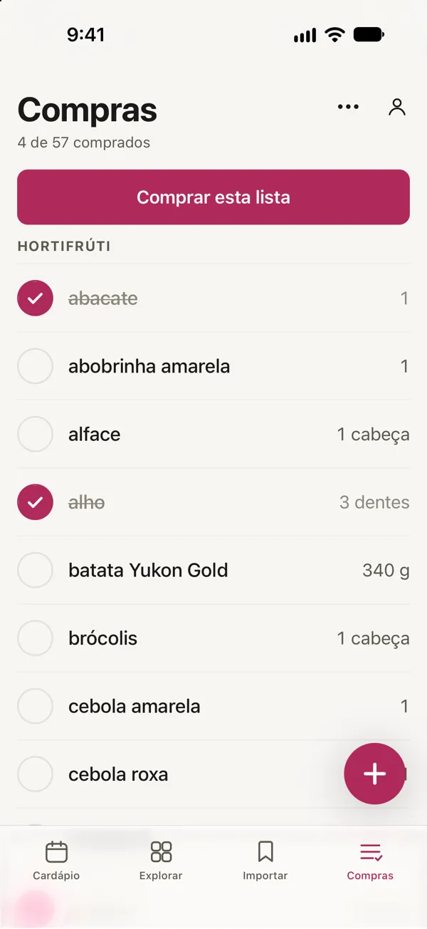 A lista de compras em Good Fork, organizada por seção, com 4 de 57 itens comprados.