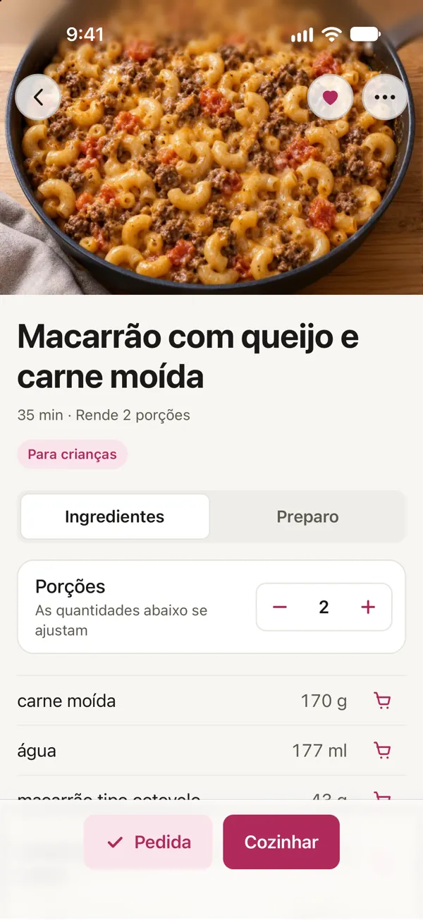Macarrão com queijo e carne moída em Good Fork, em um celular com a função Kid: o coração está preenchido, e Pedida aparece ao lado de Cozinhar.