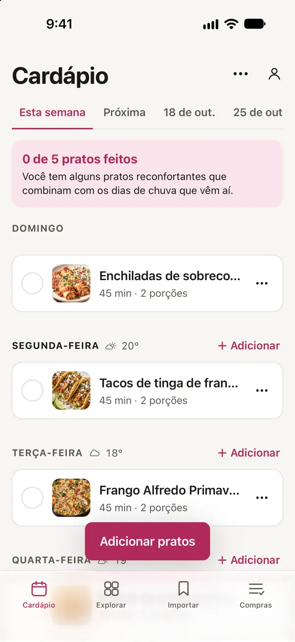 O cardápio desta semana em Good Fork: Enchiladas de sobrecoxa temperada com salada de repolho ao ranch no domingo, Tacos de tinga de frango na frigideira na segunda e Frango Alfredo Primavera na terça.