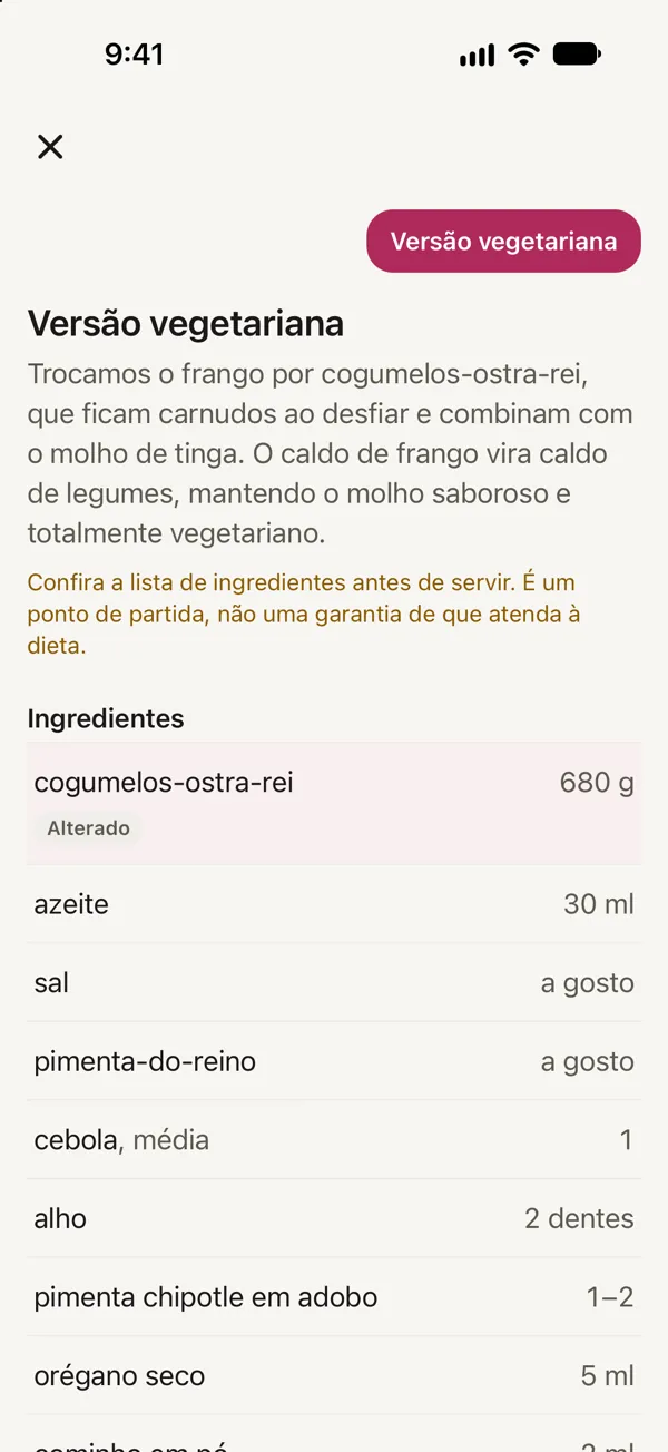 Um Remix vegetariano de Tacos de tinga de frango na frigideira: cogumelos-ostra-rei no lugar do frango, marcados como Alterado.