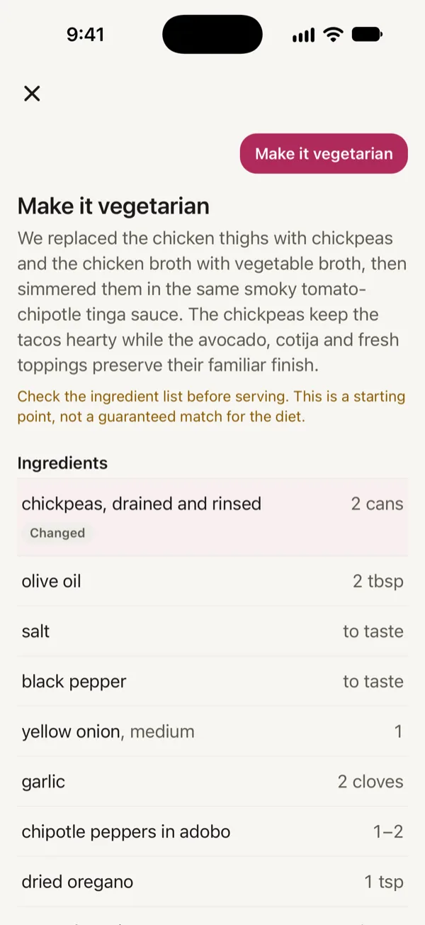A Remix of Skillet Chicken Tinga Tacos made vegetarian: chickpeas in place of the chicken thighs, marked Changed.