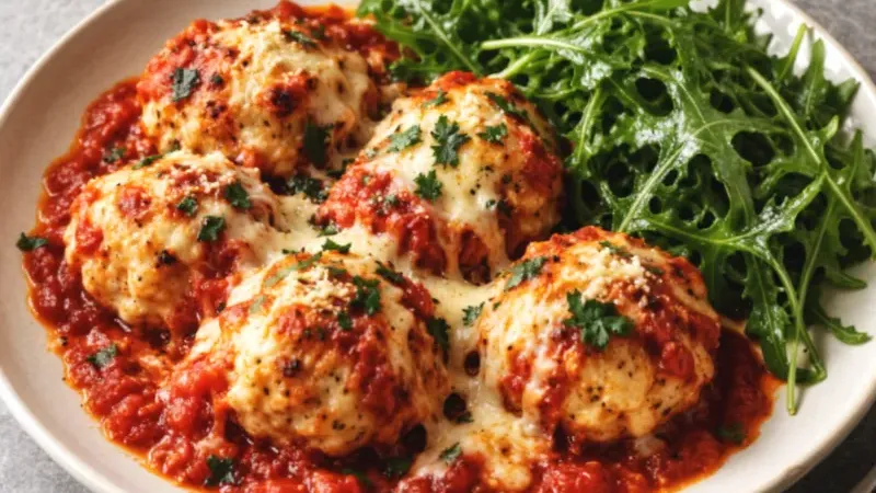 Polpette di pollo alla parmigiana al forno con rucola al limone