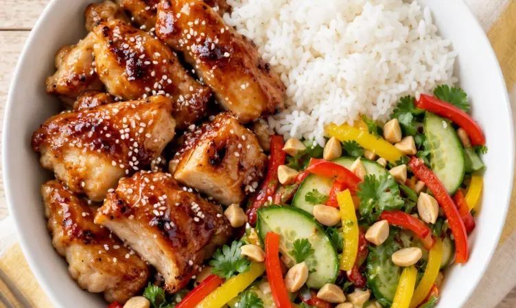 Bowl di riso e pollo teriyaki con insalata croccante di peperoni e cetrioli