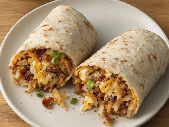 Two bacon, potato, egg and cheddar burritos cut open on a white plate, with a mug beside them