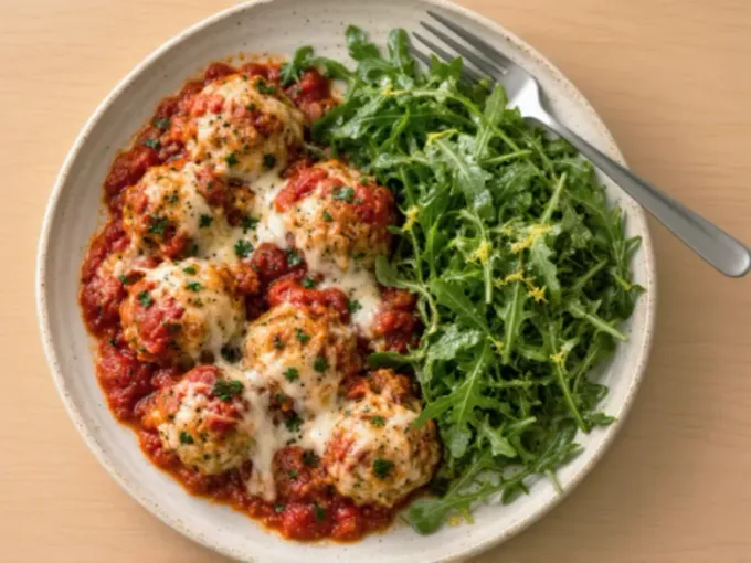 Baked Chicken Parm Meatballs with Arugula Lemon Salad