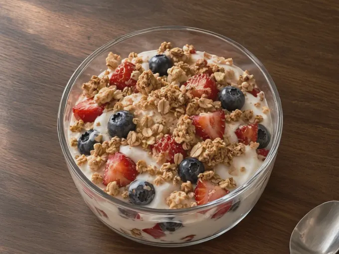 Verrines de yaourt au miel et aux fruits rouges, granola croustillant