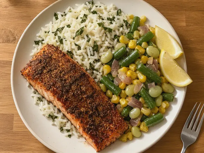Blackened Salmon with Corn-Bean Succotash and Basil Rice