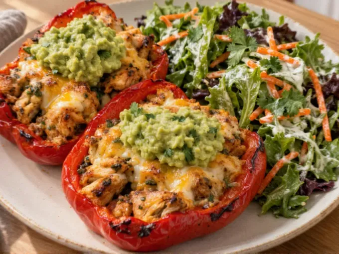 Cheesy Taco Chicken Stuffed Peppers with Guacamole & Cilantro Ranch Salad