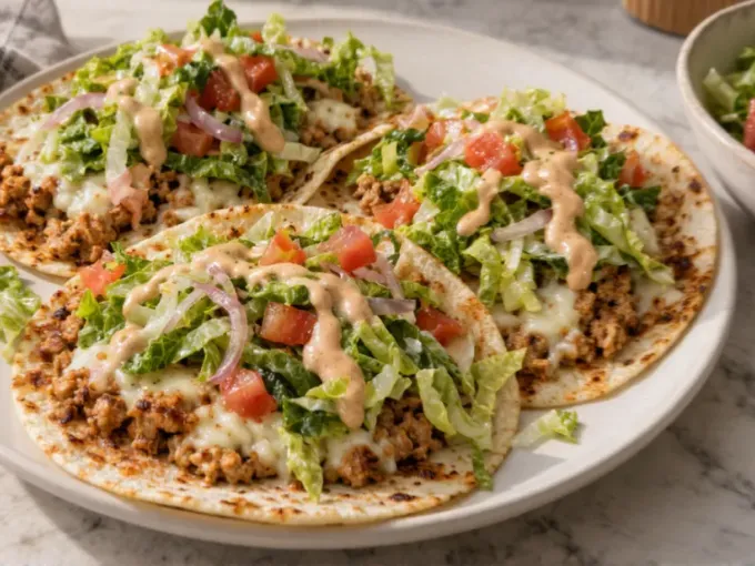 Crispy Chicken Tortilla Tacos with Mozzarella and Tangy Romaine Salad