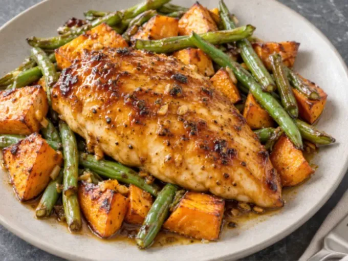 Honey Garlic Chicken with Sweet Potatoes & Green Beans