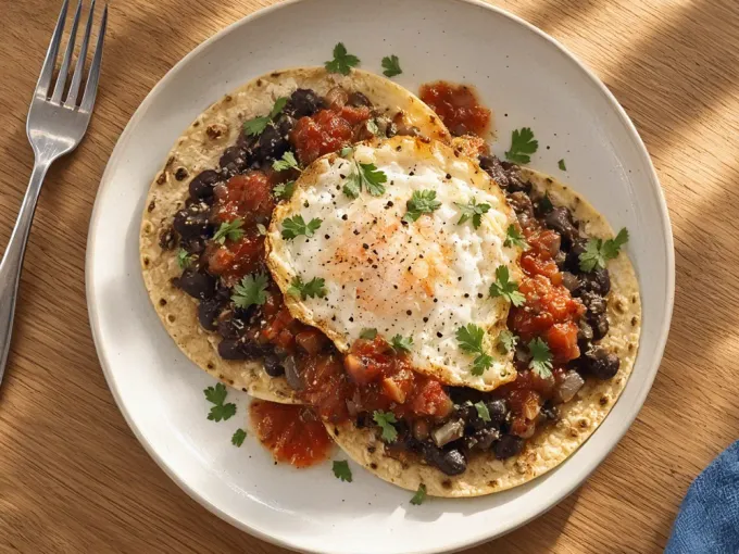 Huevos rancheros su tortillas di mais tostate con coriandolo