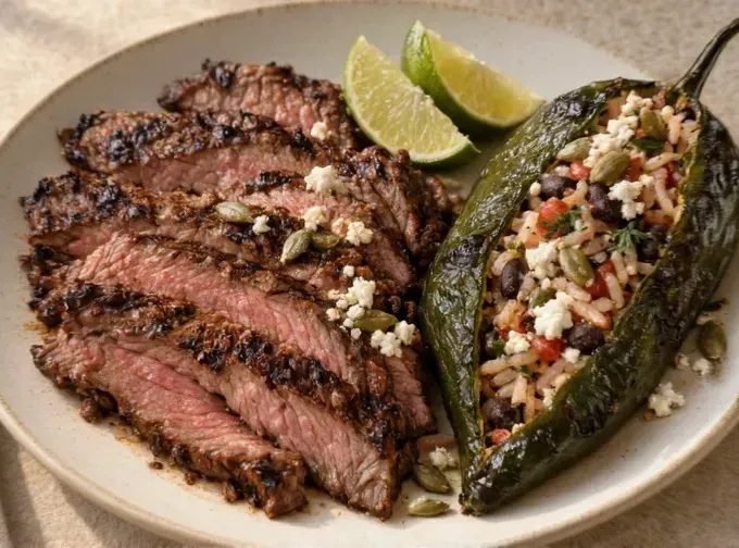 Lime-Marinated Flank Steak with Stuffed Poblano Peppers