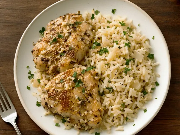 Lemon chicken thighs with parsley rice on a white plate