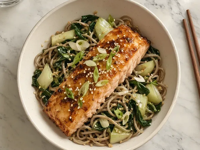 Miso-Ahorn-Lachs mit Sesam-Soba und Pak Choi