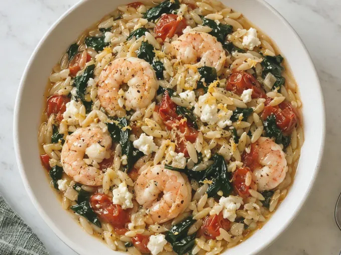 Shrimp, orzo, wilted spinach, cherry tomatoes and crumbled feta served in a shallow white bowl