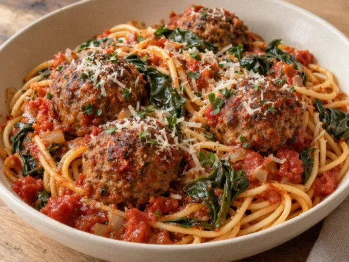 Skillet Meatballs with Tomato-Spinach Spaghetti