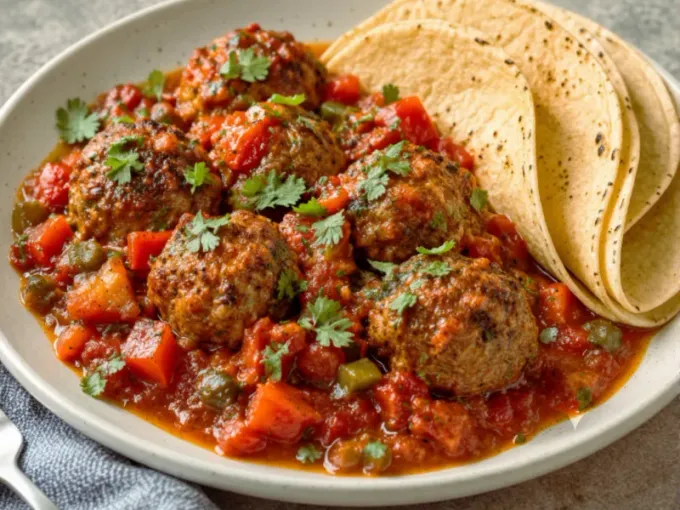 Spicy Beef Meatballs with Tomato-Pepper Sauce & Warm Tortillas