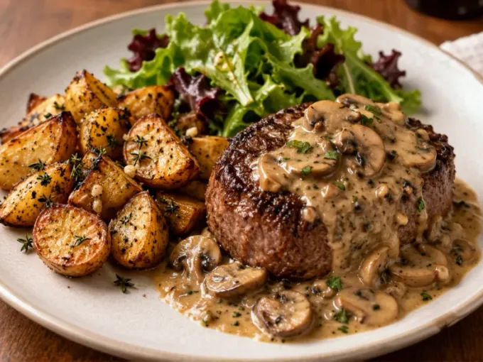 Steak Diane with Crispy Garlic-Thyme Potatoes & Mixed Greens