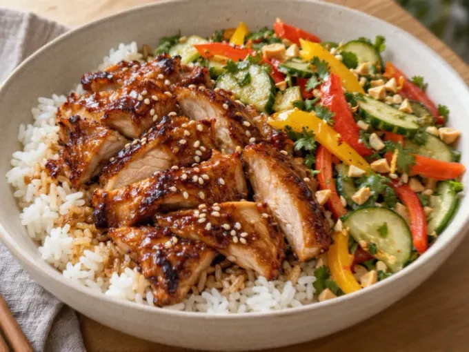 Teriyaki Chicken Rice Bowls with Crunchy Pepper-Cucumber Salad