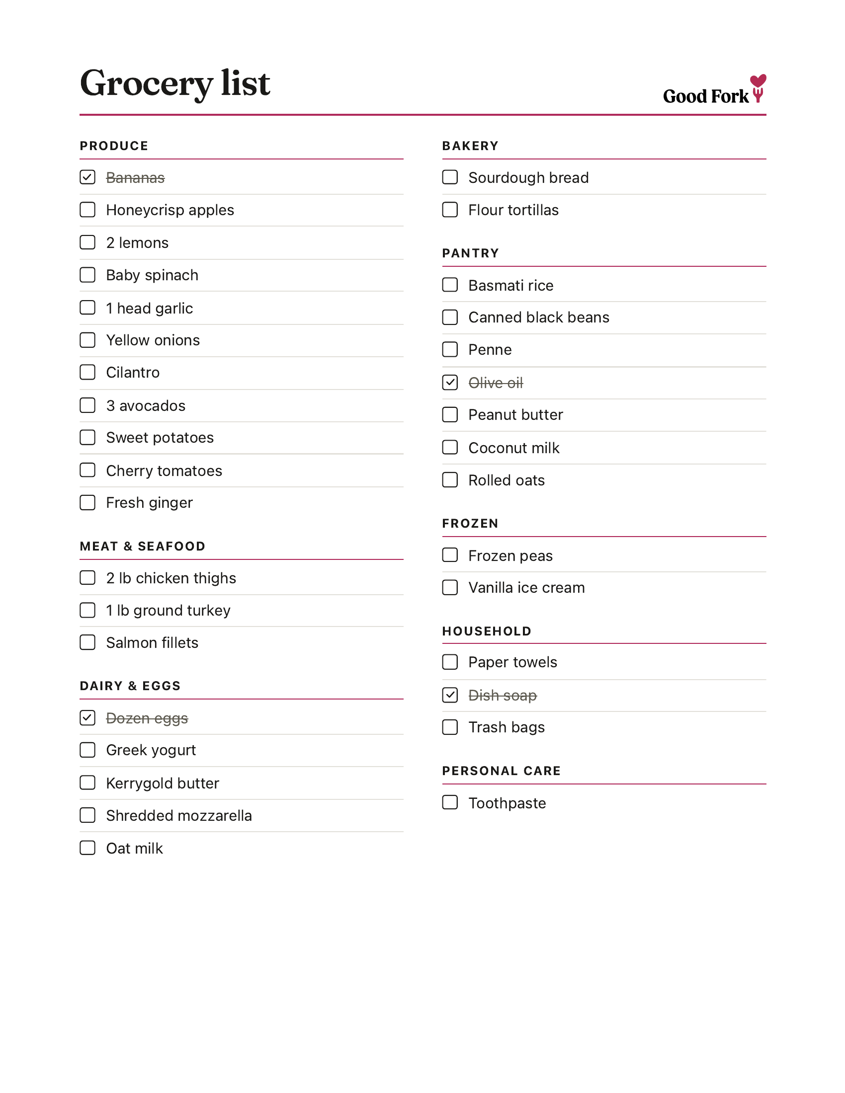 Good Fork example of our printable grocery list template sorted cleanly by aisle