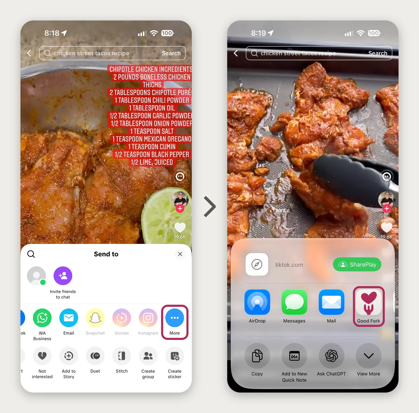 Two images side by side. On the left shows the tiktok recipe with the tiktok actions sheet open, a circle highlights the more button. on the right shows what happens when you click that more button, the native share sheet shows, Good Fork the app is highlighted.