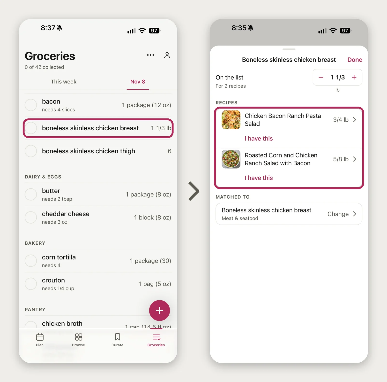Two images, on the left shows the grocery list from Good Fork, highlighting 'boneless skinless chicken breast'. On the right shows two recipes sharing a combined amount total for chicken breast.