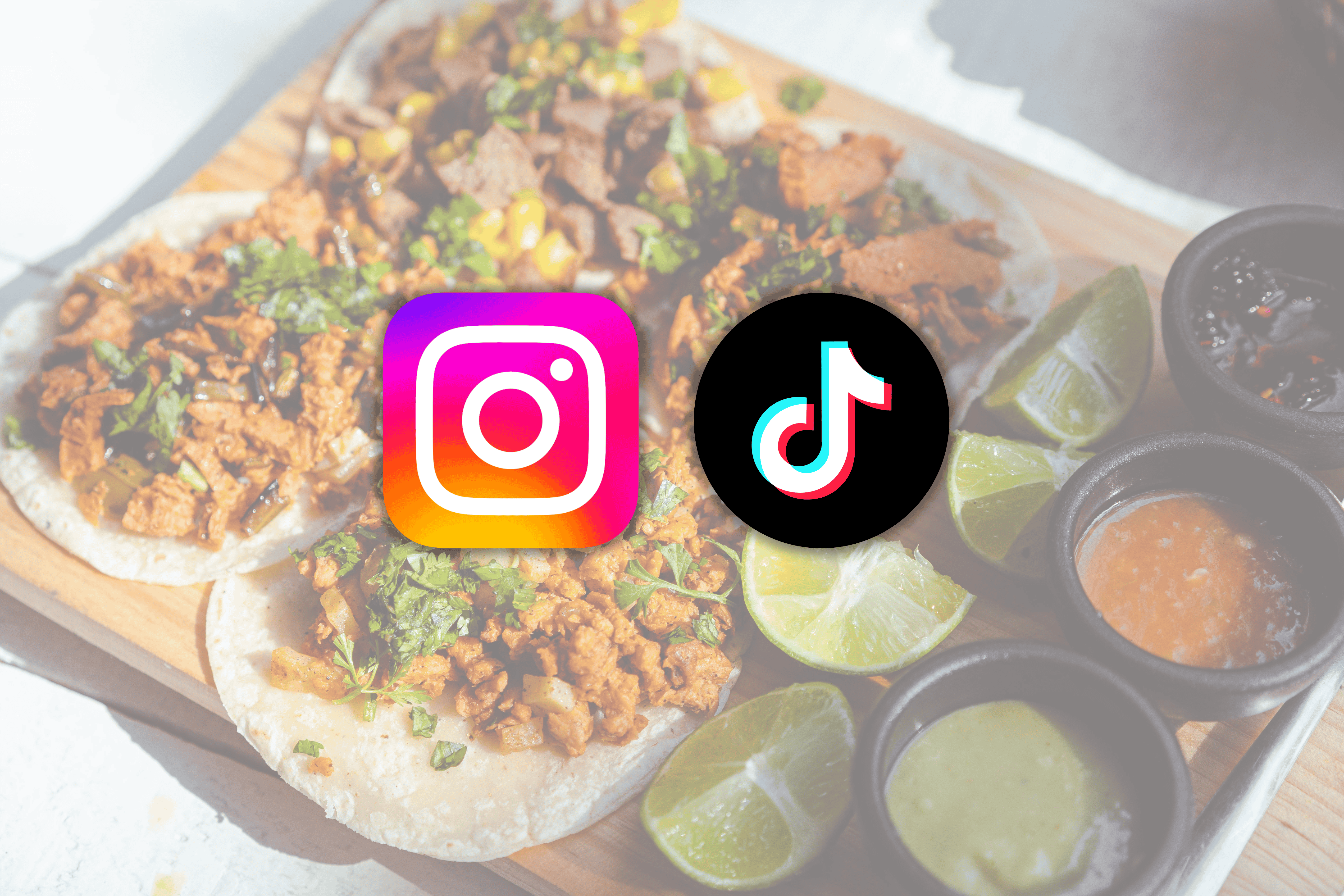 Instagram and tiktok logos above delicious chicken street tacos