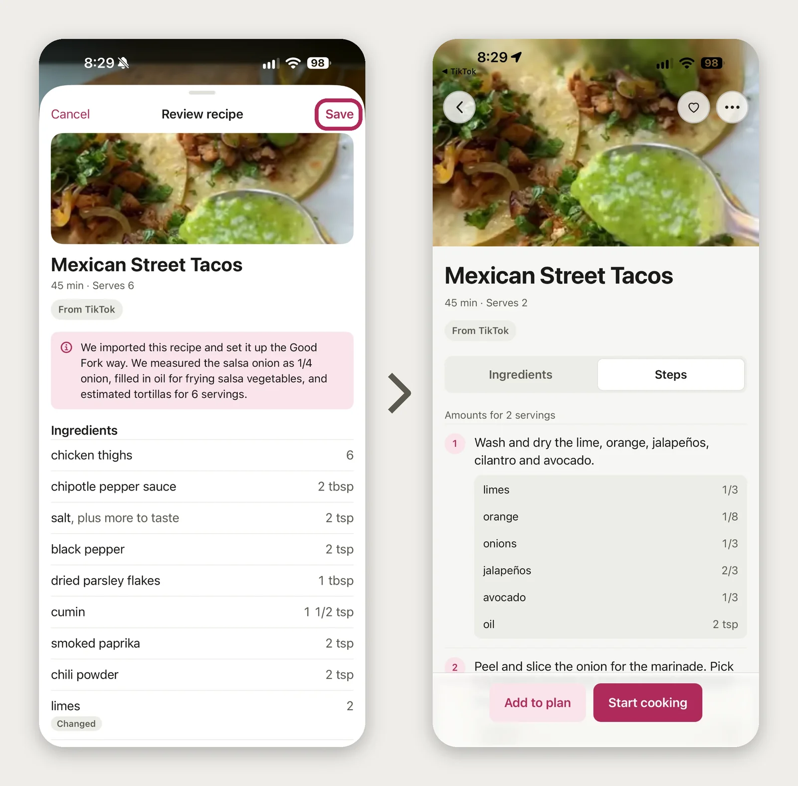 Two images. On the left shows the recipe review sheet after a successful import. On the right shows the recipe imported to good fork with easy to follow, step by step instructions