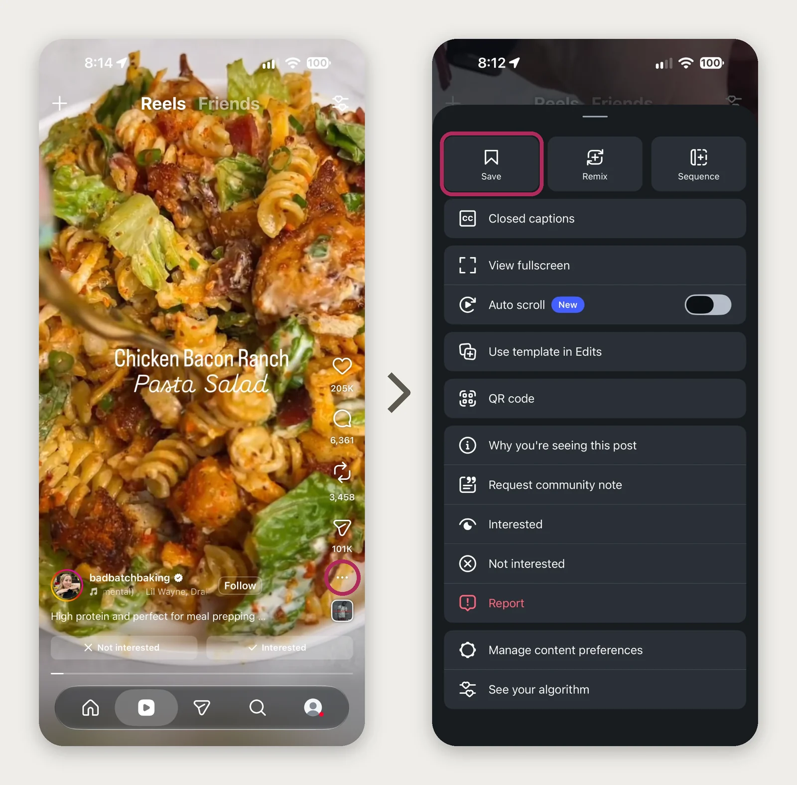 two images side by side showing how to save recipes to instagram. On the left shows the recipe with the three dots circled. On the right shows what happens when you click those dots, highlighting the actions sheet with the save button circled. clicking the save button saves your recipe to your collection.