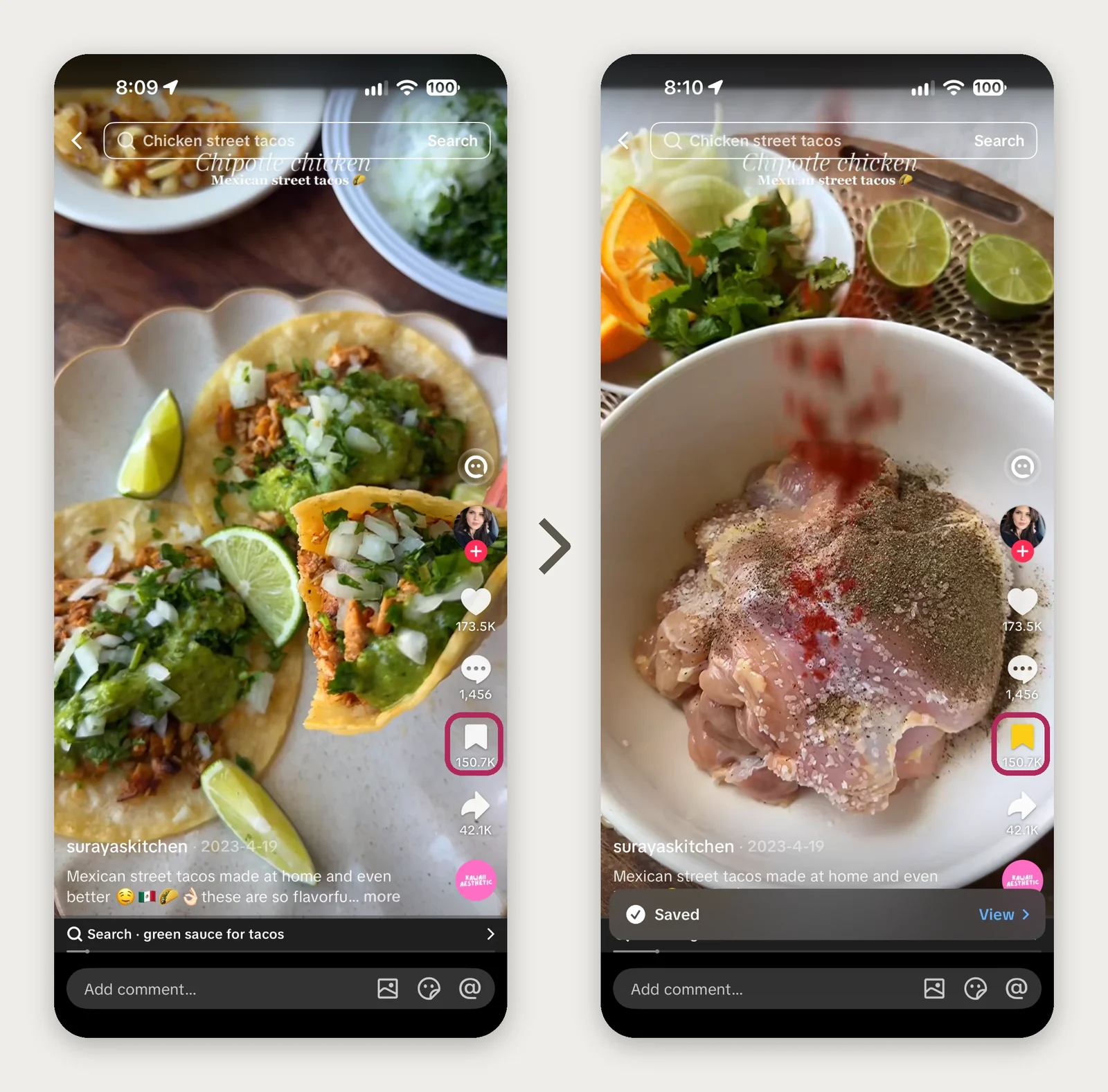 two images side by side, on the left shows the recipe on tiktok with an unmarked bookmark. On the right shows the recipe saved with a gold tiktok bookmark